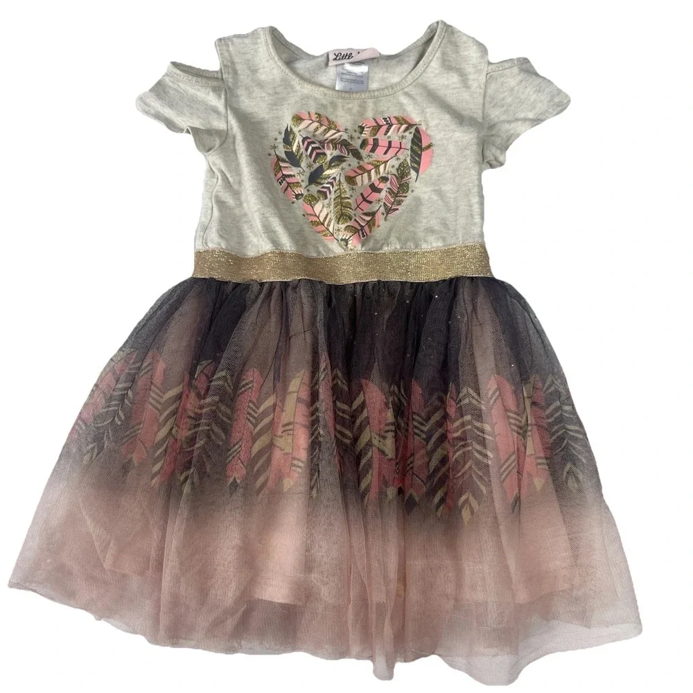 Little Lass Girls Dress 2T Gold Glitter Tutu Party Dress Pink Black Tulle Heart